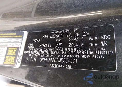 2021 Kia Forte Fe из США, поврежденный, VIN 3KPF24AD6ME394971